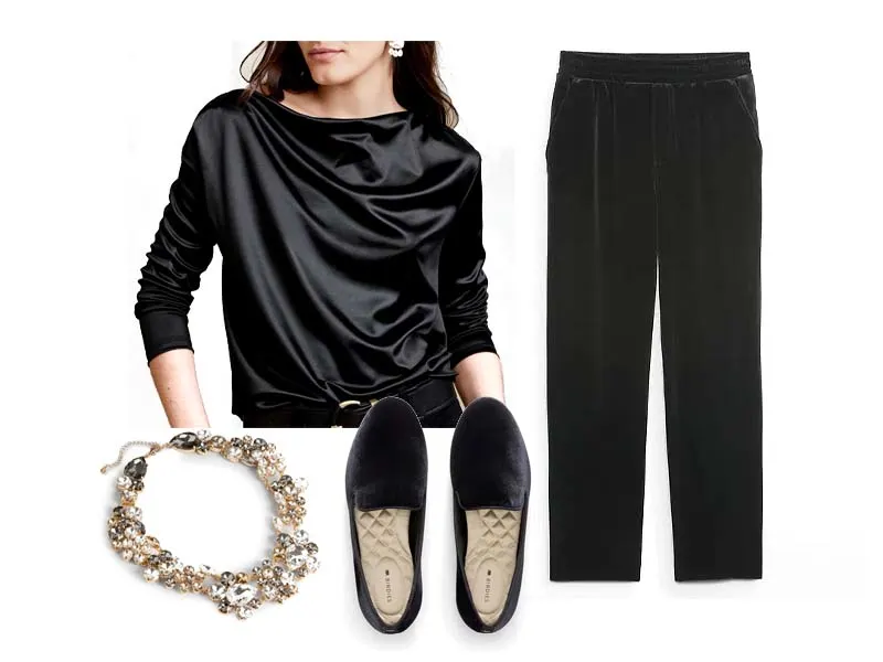 black starling flats with crystal necklace, black velvet pants, and black satin top