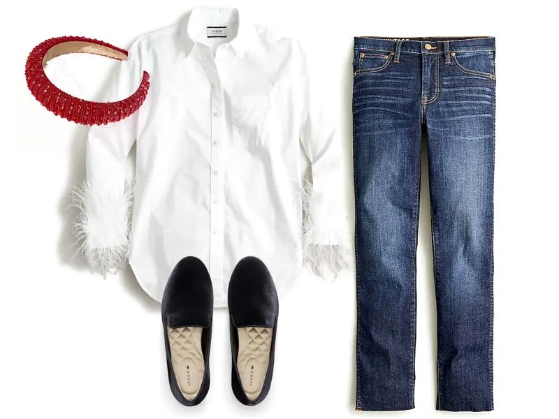 staright jeans, white collared shirt with feathers, red padded headband, and black starling flats