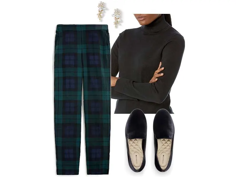 plaid apnts, black turtleneck sweater, crystal earrings, and black starling flats 