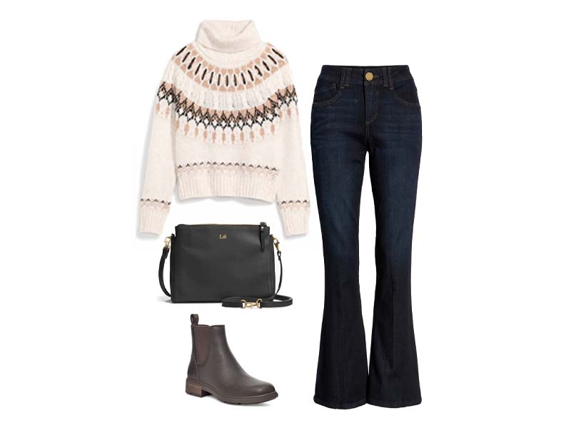 fair isle sweater with bootcut jeans, black crossbody and dark chelsea boots