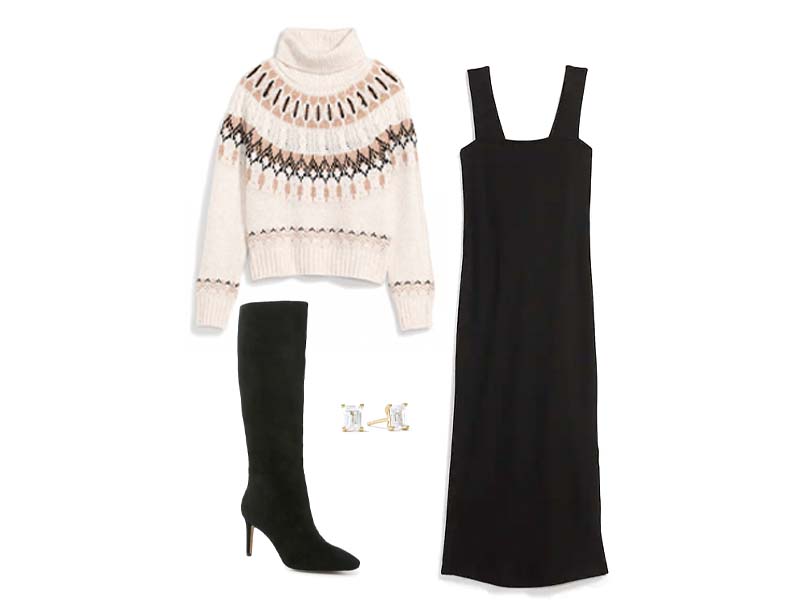 neutral fair isle sweater, black rib knit dress, black tall boots, and topaz earrings