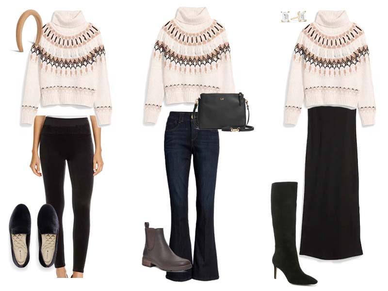 wear a neutral fair isle sweater with either black velvet leggings, black velvet loafers, and a tan headband, or with bootcut jeans, dark chelsea boots, and a black crossbody, or over a rib knit black dress, black tall boots, and topaz studs