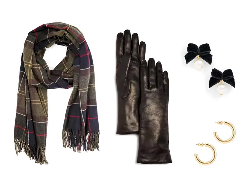 plaid wrap, black leather gloves, pearl bow drop earrings, and gold hoops