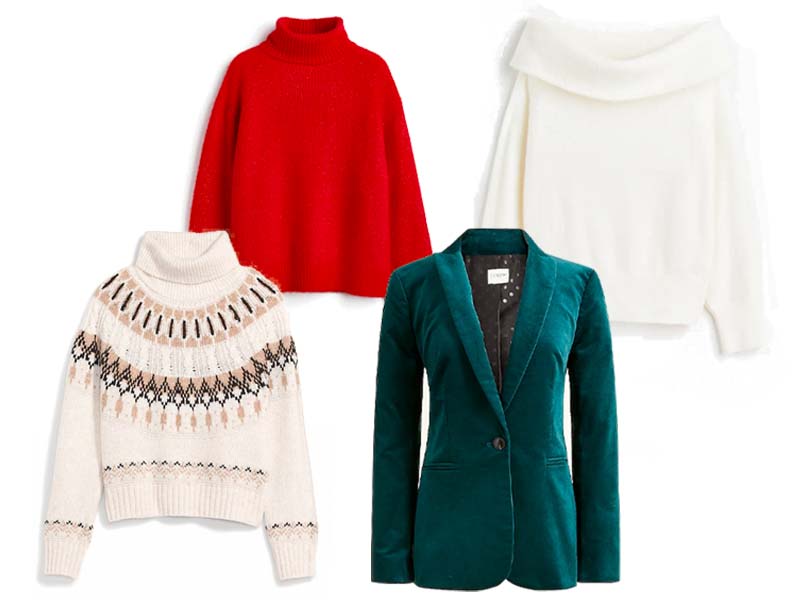 Red turtleneck sweater, green velvet blazer, neutral fair isle sweater, white off the shoulder sweater