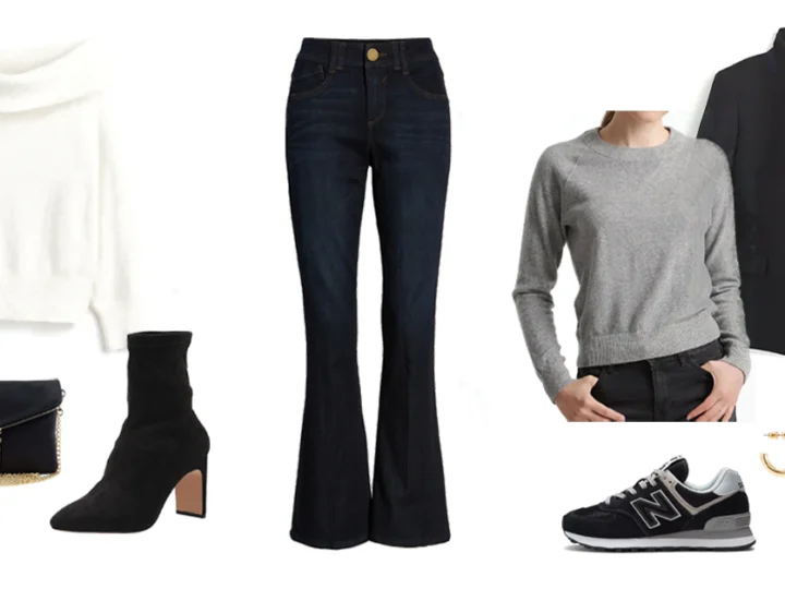 bootcut jeans, white sweater, black envelope clutch, sock booties, or with a black blazer, gray shrunken sweatshirt, gold hoops, and black new balance sneakers