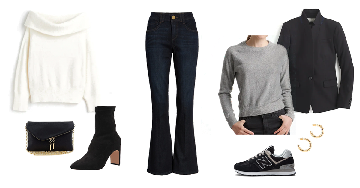 bootcut jeans, white sweater, black envelope clutch, sock booties, or with a black blazer, gray shrunken sweatshirt, gold hoops, and black new balance sneakers