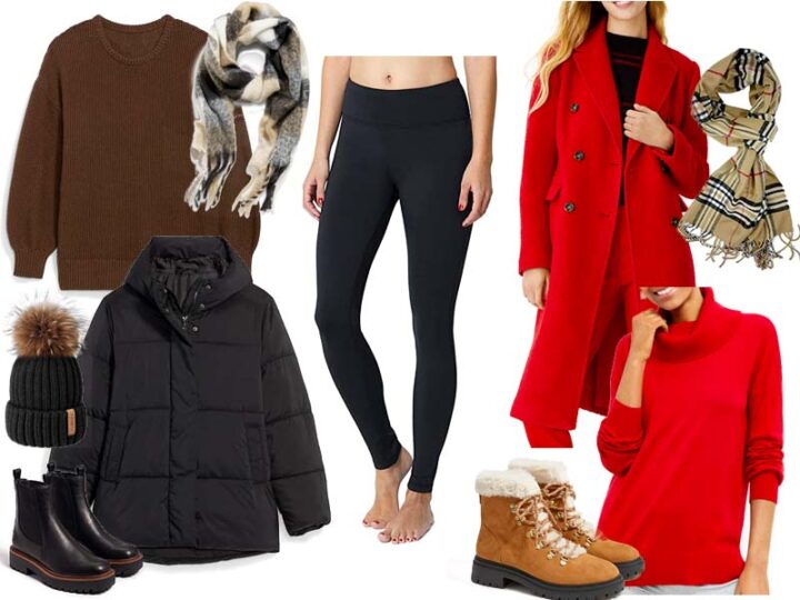 Black leggings with either a brown tunic sweater, black puffer, plaid scarf, black chelsea boots, and black pom hat, or with a red wool coat, red sweater, tan hiking boots, and a plaid scarf