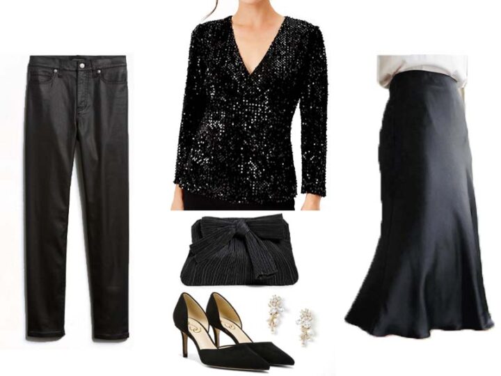 Black Sequin Wrap Top, black pleated bow clutch, black suede heels, and pearlized crystal earrings with either black coated jeans or black silk skirt
