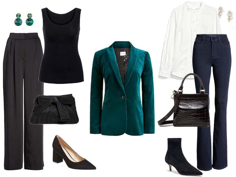 Green velvet blazer with either black satin pants, black tank, emerald drop earrings, and a black pleated bow clutch or with bootcut jeans, ruffled white shirt, black top handle bag, and pearlized crystal earrings
