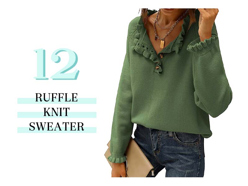 green ruffle knit sweater