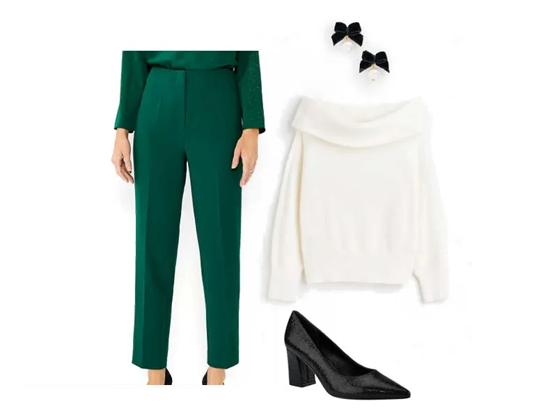 green slim pants, white off the shoulder top, drop pearl earrings, black block heels