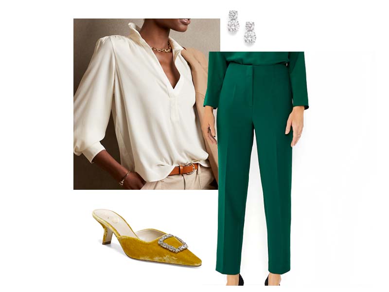 green slim pants, white silky shirt, yellow heels, and drop earrings