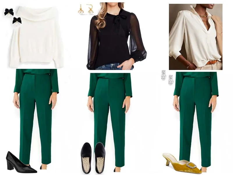 three outfits featuring green slim pants