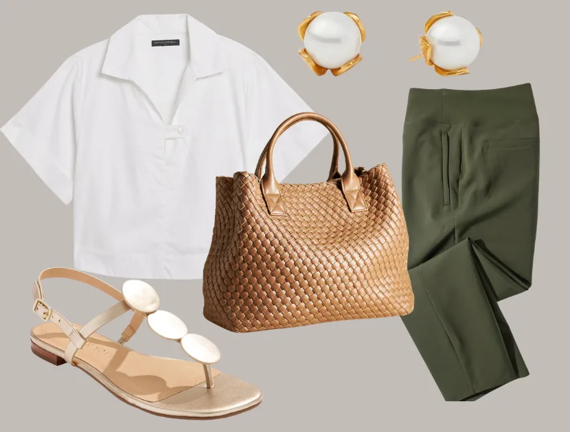 Crisp White Shirt olive green pants Crisp White Shirt with Lady-Like Accessories