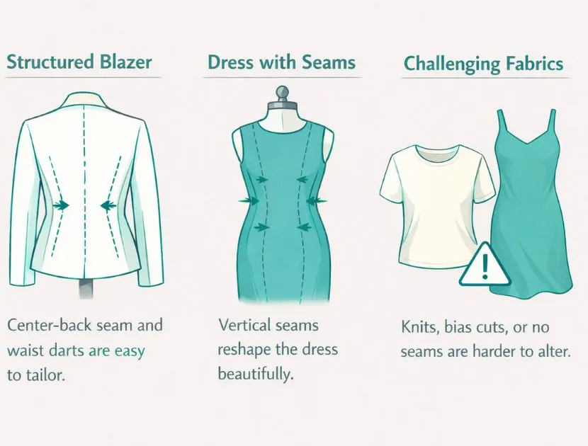 Illustration comparing garments with seams that are easier to tailor, such as structured blazers and dresses with vertical seams, to garments without seams, including knits and bias-cut styles that are harder to alter.