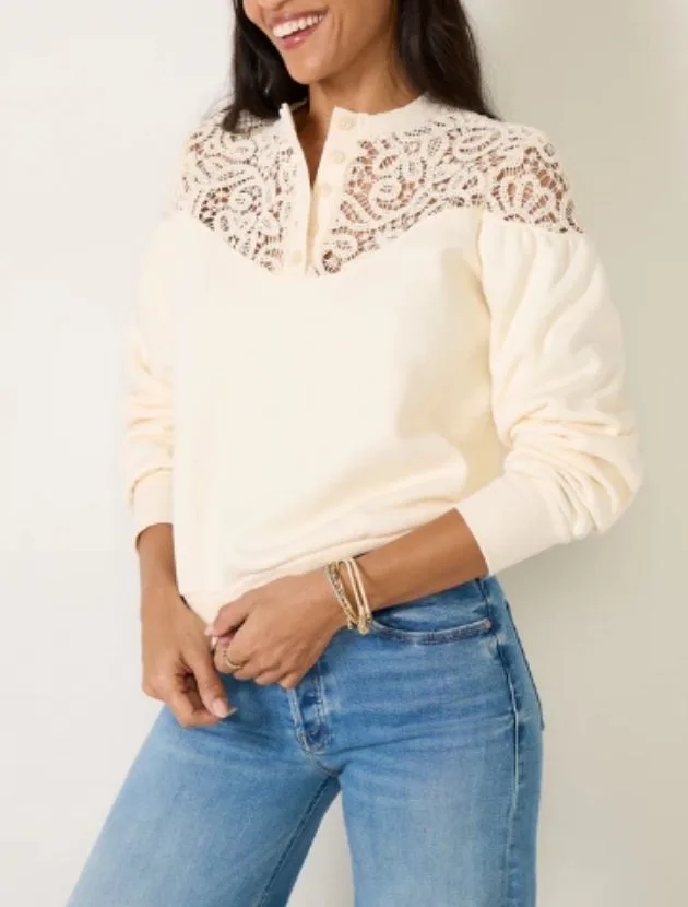 Ivory lace mix sweatshirt with jeans, an elevated casual top for women over 40