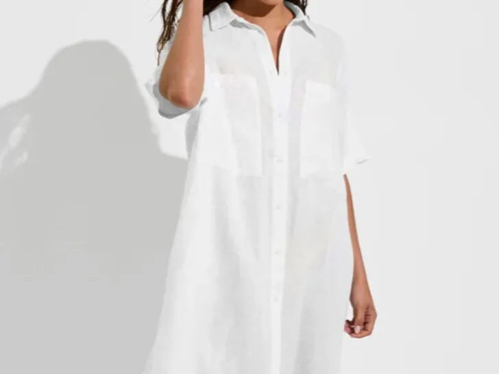 White linen shirt dress swimsuit cover-up for women over 40