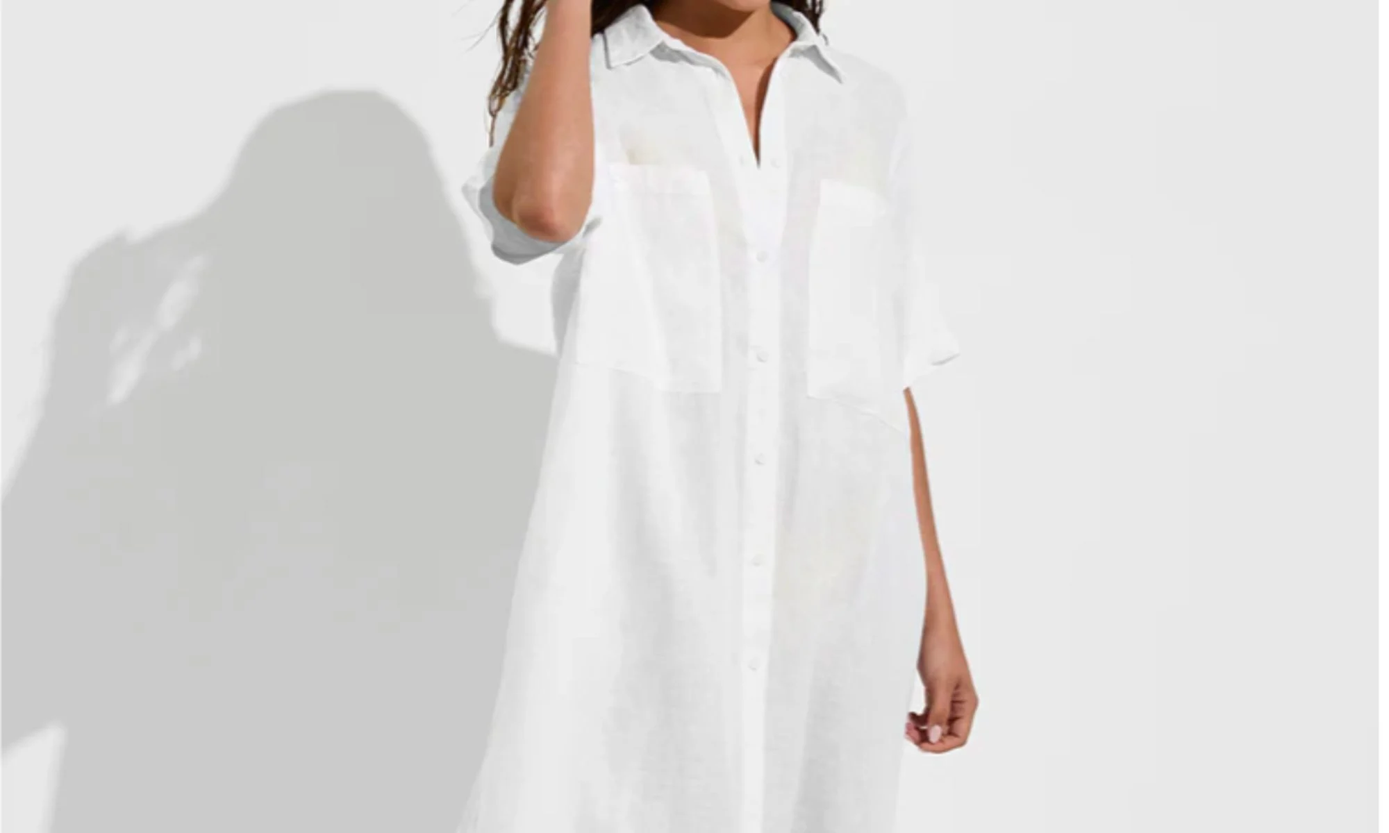 White linen shirt dress swimsuit cover-up for women over 40