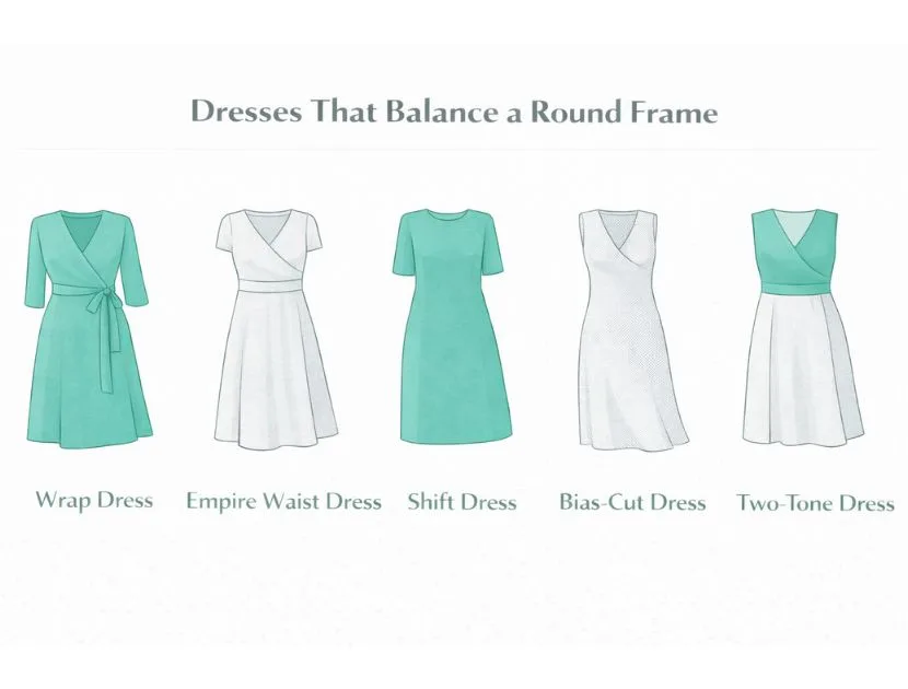 Best dress styles for a round or apple body shape including wrap dresses, empire waist dresses, structured shift dresses, bias-cut dresses, and two-tone dresses