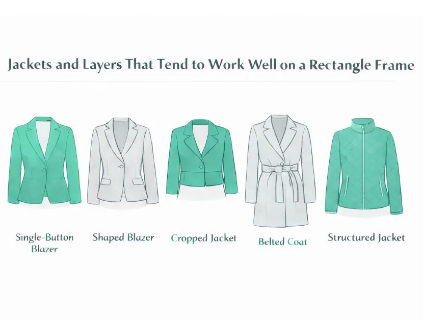 Illustration of jackets and coats that flatter a rectangle body shape, including single-button blazers, shaped blazers, cropped jackets, belted coats, and structured jackets.