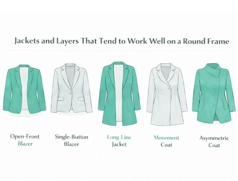 Jackets and outerwear styles that flatter a round or apple body shape, including open front jackets, single button blazers, longer coats, asymmetric coats, and draped jackets.