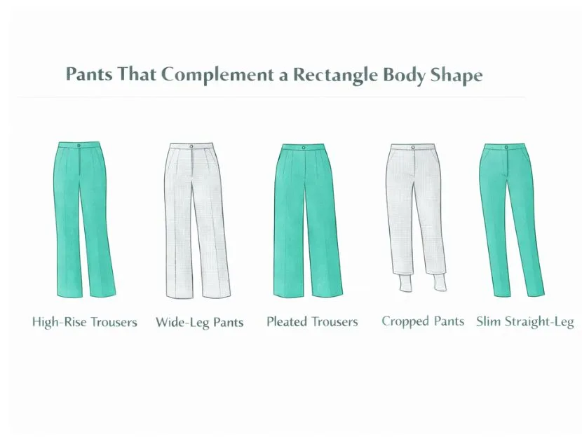 Illustration of pants that work well for a rectangle body shape, including high-rise trousers, wide-leg pants, pleated trousers, cropped pants, and slim straight-leg pants.
