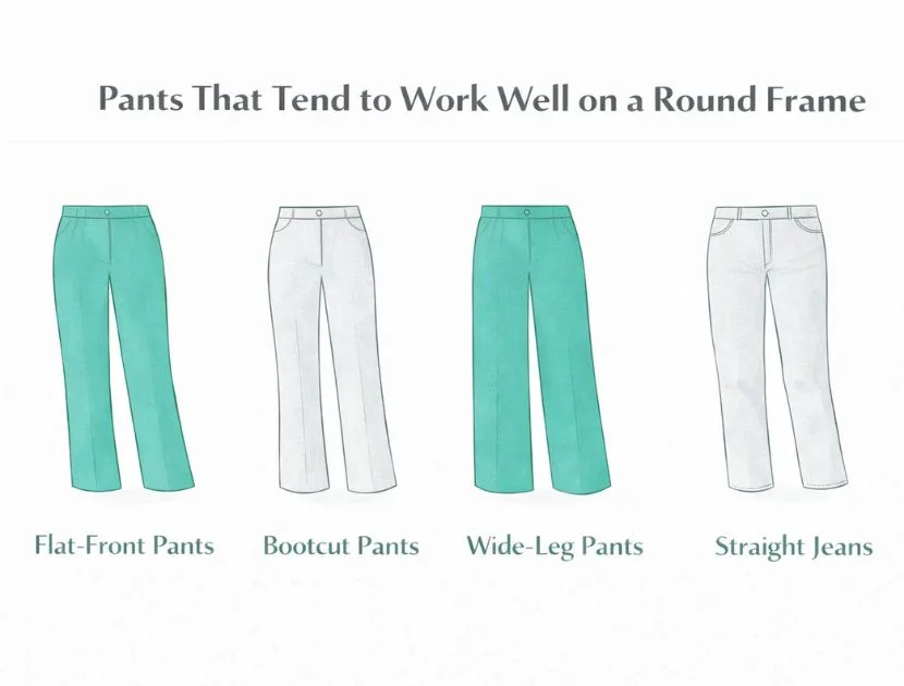 Pants that work well for a round or apple body shape, including flat-front pants, bootcut pants, wide-leg pants, and straight-leg jeans