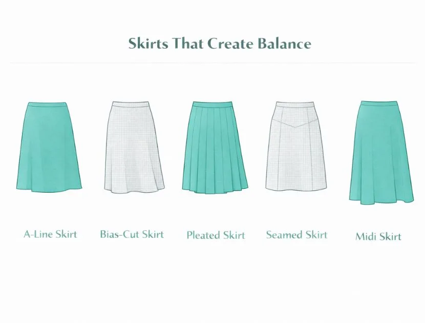 Illustration of skirt styles that flatter a rectangle body shape, including A-line skirts, bias-cut skirts, pleated skirts, seamed skirts, and midi skirts.