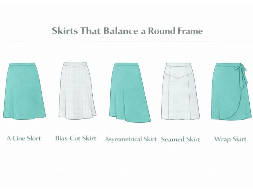 Illustration showing skirt styles that balance a round or apple body shape, including A-line, bias-cut, asymmetrical, seamed, and wrap skirts.