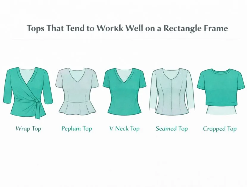 Illustration of flattering tops for a rectangle body shape, including wrap tops, peplum tops, V-neck tops, seamed tops, and cropped tops.