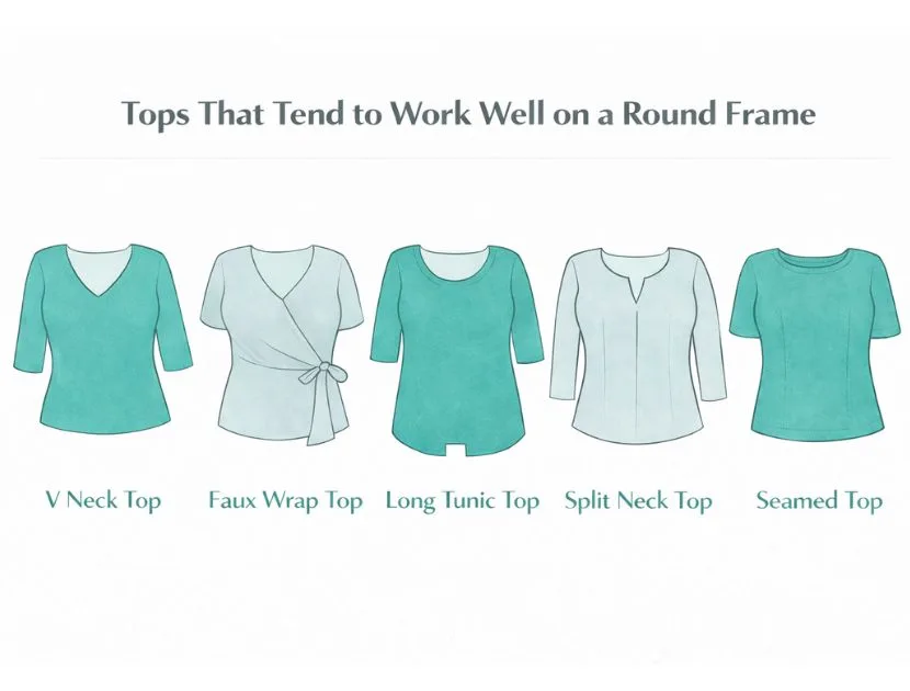 Illustration showing tops that flatter a round or apple body shape, including V-neck tops, faux wrap tops, tunic tops, split-neck tops, and seamed tops.
