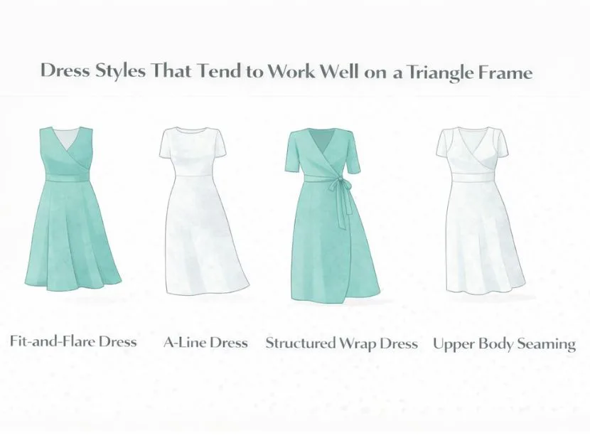Illustrated dress styles that balance a triangle body shape, including fit-and-flare, A-line, structured wrap, and upper-body seaming silhouettes