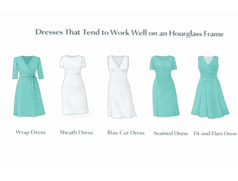 Illustration of dresses that flatter an hourglass body shape, including wrap, sheath, bias-cut, seamed, and fit-and-flare styles