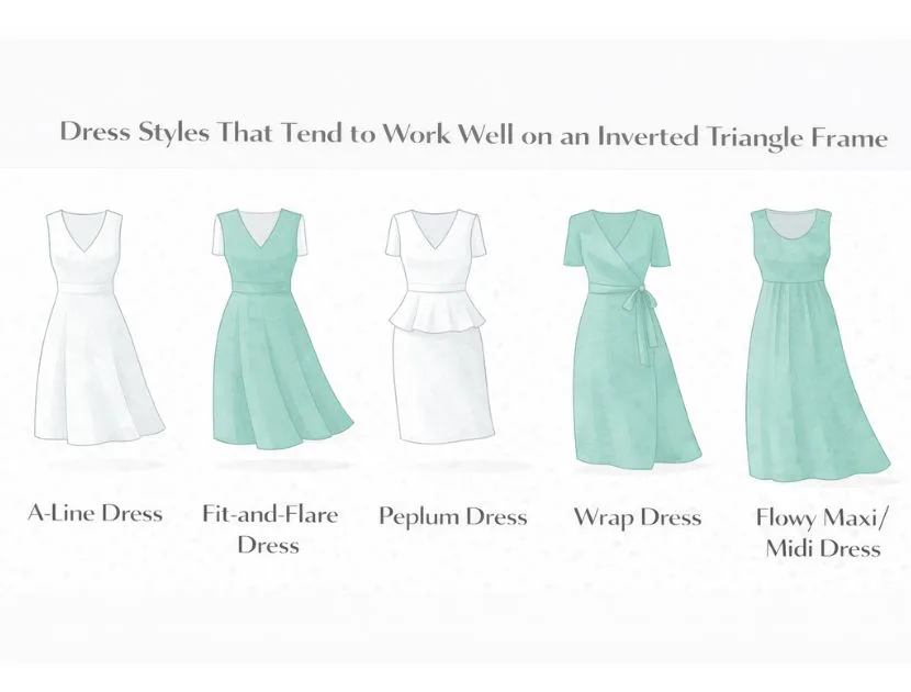Illustrated dress styles for an inverted triangle body shape, including A-line, fit-and-flare, peplum, wrap, and flowy midi and maxi dresses with V-neck and scoop necklines.