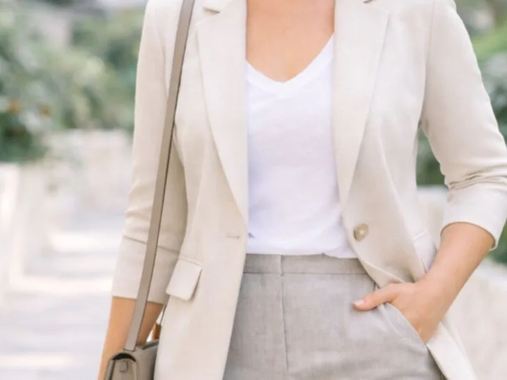 Woman wearing a neutral blazer and tailored trousers in a balanced outfit that flatters a rectangle body shape.