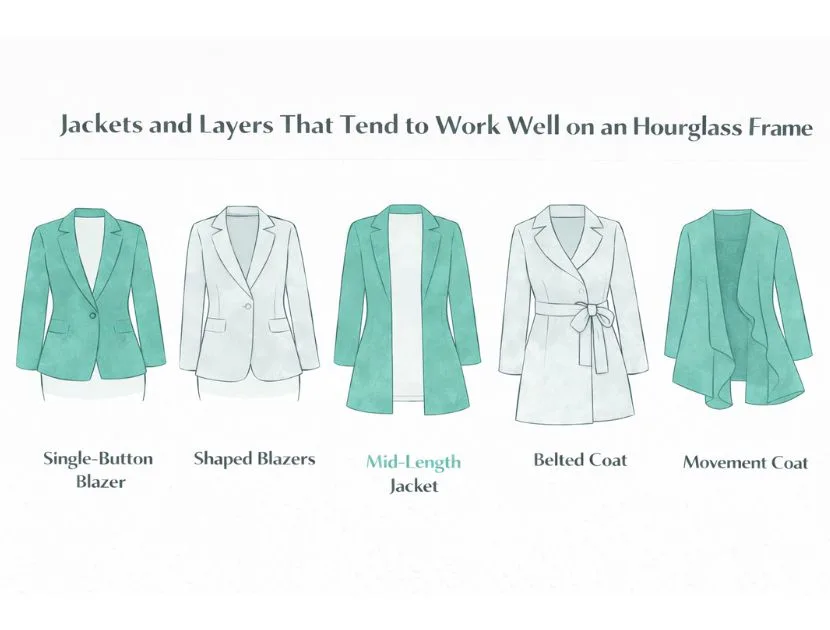 Illustration of jackets and layers that flatter an hourglass body shape, including single-button blazers, shaped jackets, belted coats, and mid-length styles with movement