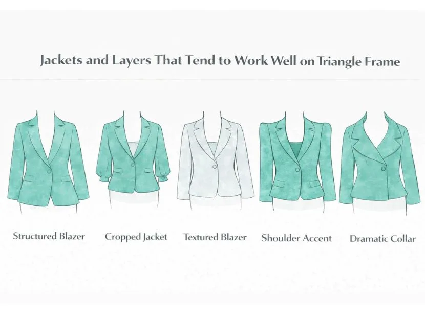 Illustrated jackets that add structure and visual presence to the shoulders for a triangle body shape
