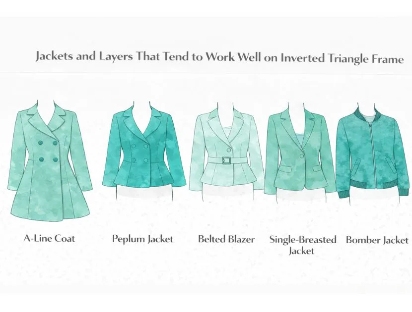 Illustration showing jackets that flatter an inverted triangle body shape, including an A-line coat, peplum jacket, belted blazer, single-breasted jacket, and bomber jacket.