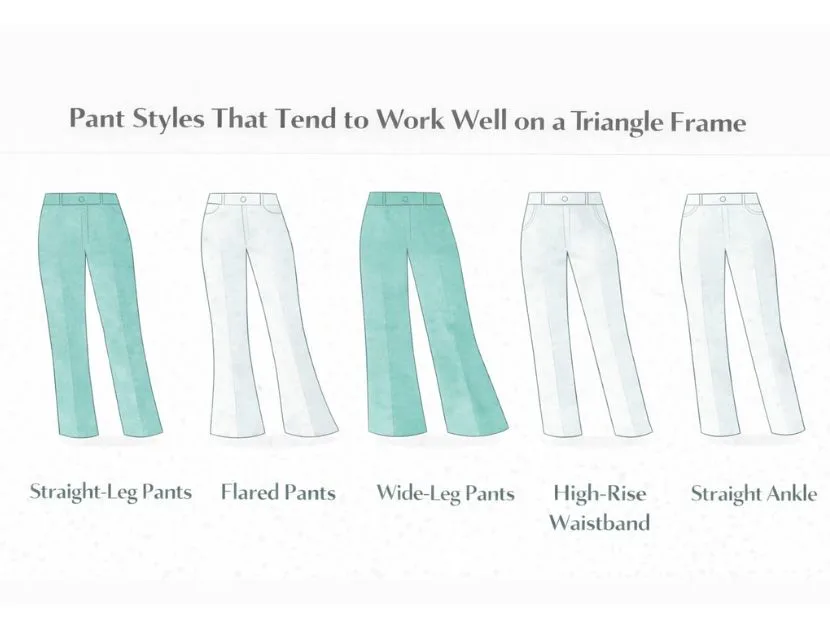 Illustrated pant styles that skim the hips and balance a triangle body shape, including straight-leg, flared, wide-leg, high-rise, and straight ankle pants