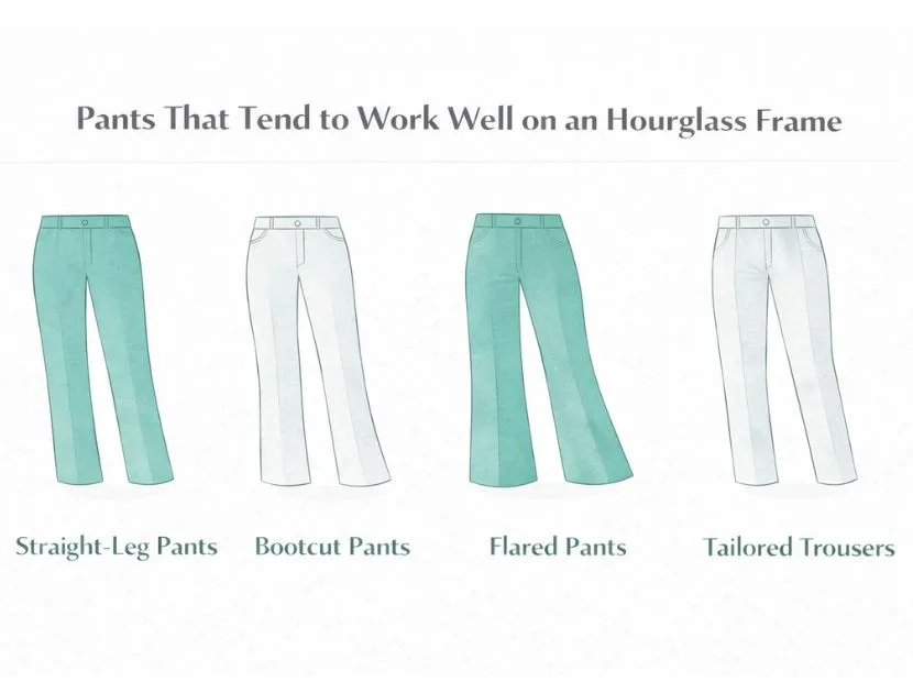 Illustration of pants that flatter an hourglass body shape, including straight-leg, bootcut, flared, and tailored styles with clean lines and structured fabrics