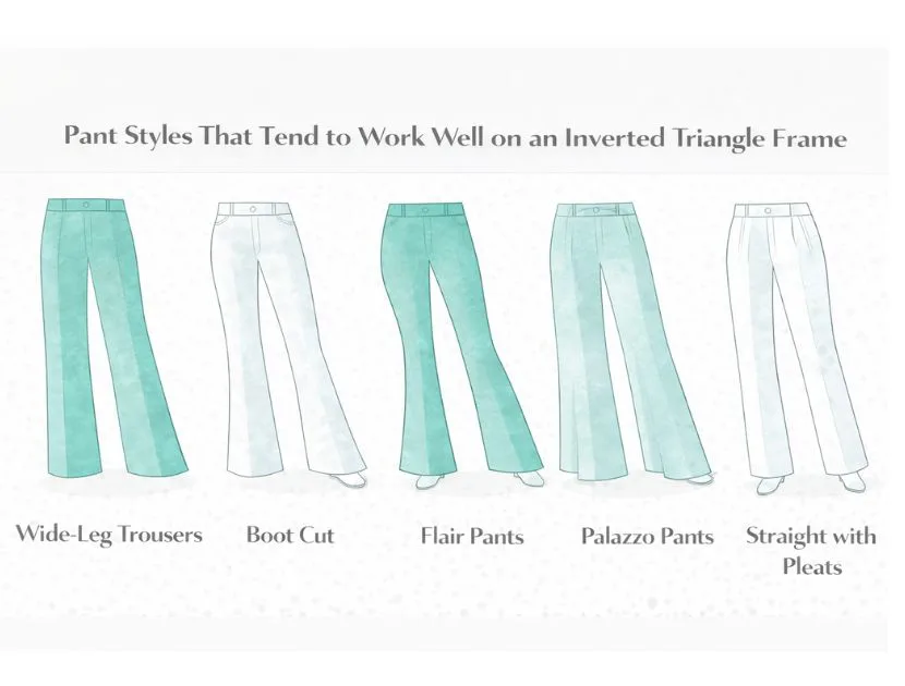 Illustration showing pant styles that flatter an inverted triangle body shape, including wide-leg trousers, bootcut pants, flare pants, palazzo pants, and straight-leg pants with pleats.