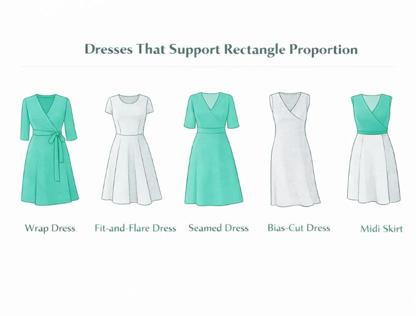 Illustration showing the best dresses for a rectangle body shape, including wrap dresses, fit-and-flare dresses, seamed dresses, bias-cut dresses, and midi skirts to create balance.
