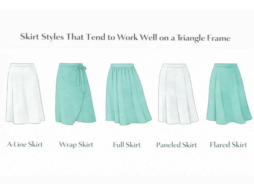Illustrated skirt styles that balance a triangle body shape, including A-line, wrap, full, paneled, and flared skirts