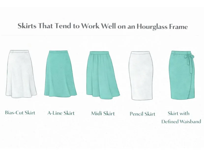 Illustration of skirts that flatter an hourglass body shape, including bias-cut, A-line, midi, pencil, and defined-waistband styles