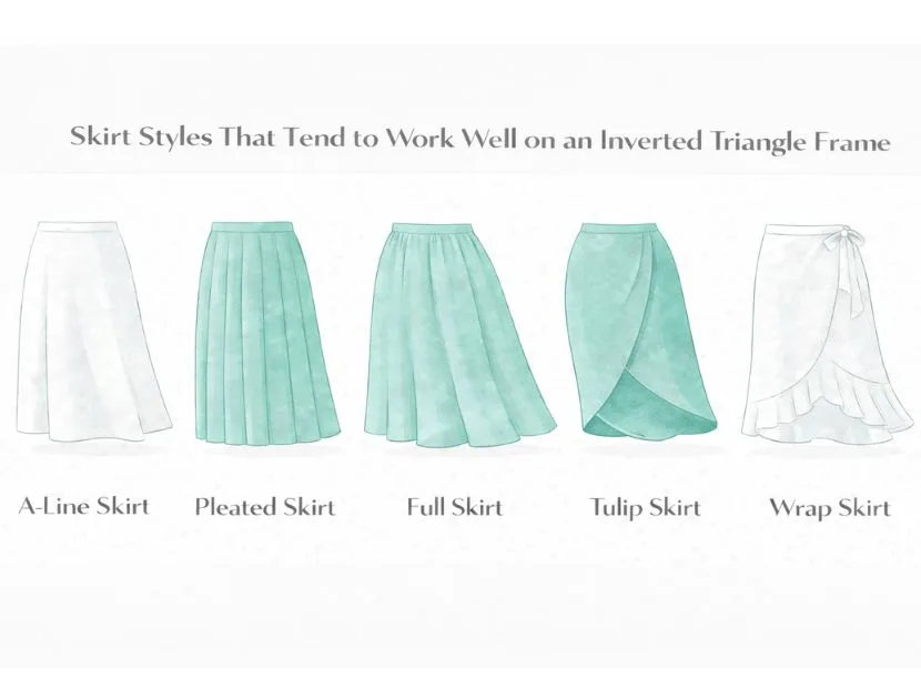 Illustration showing skirt styles that flatter an inverted triangle body shape, including an A-line skirt, pleated skirt, full skirt, tulip skirt, wrap skirt, and ruffle skirt.