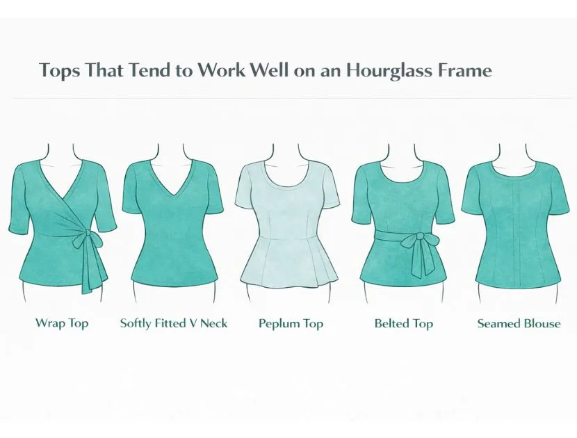 Illustration of tops that flatter an hourglass body shape, including wrap, belted, peplum, and softly fitted styles that define the waist while maintaining balance
