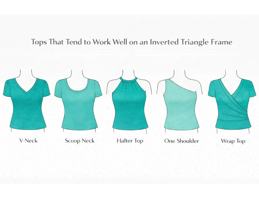 Illustrated guide showing five tops that flatter an inverted triangle body shape, including V-neck, scoop neck, halter, one-shoulder, and wrap tops.
