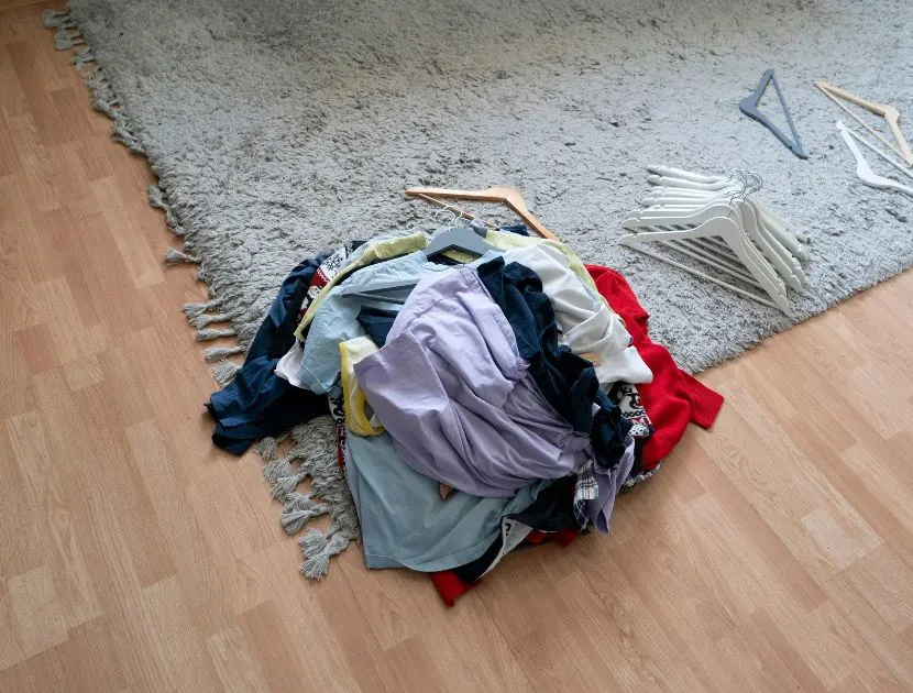 Pile of clothes on the floor while cleaning out a closet, representing clothes that are no longer worn