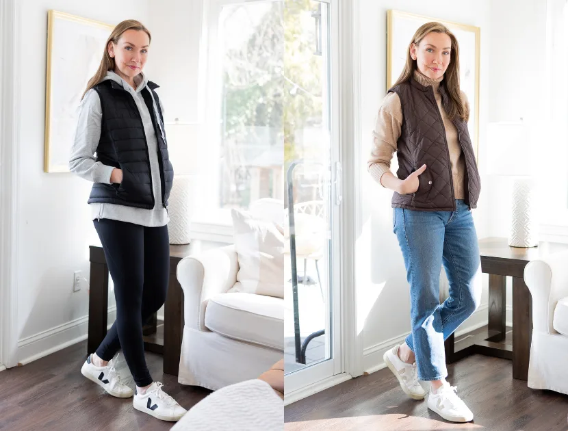 How to Style a Puffer Vest for Women over 40. Simple and easy outfit ideas.