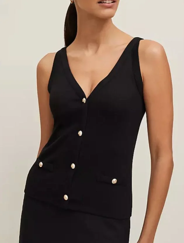 Ann Taylor Button V-Neck Cotton Tank in black with gold buttons and faux pockets, styled for warm weather